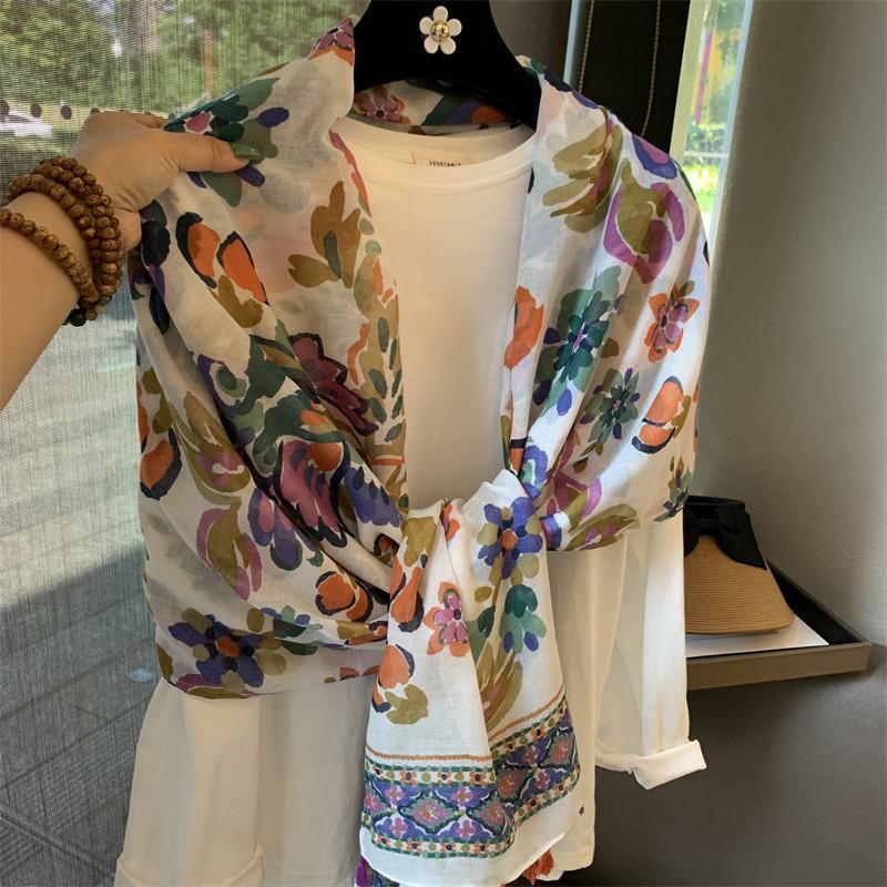 Silk scarf women s cotton and linen scarf spring and summer new intellectual beauty brocade flower fringe sun protection tourism seaside white shawl 180*90cm