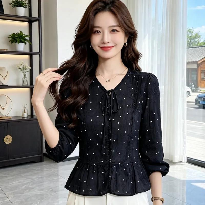 Women S Polka Dot V Neck Blouse With Ruffle Hollow Design