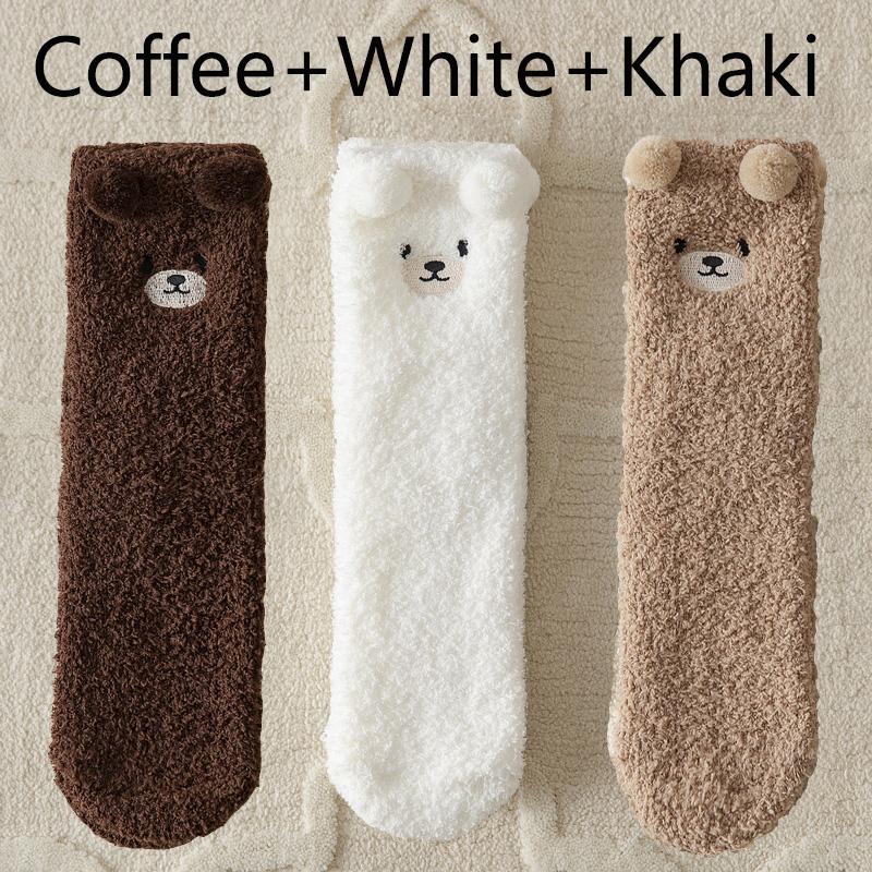 3 Pairs Winter Socks Women Warm Fluffy Socks Bear Cute Animal Coral Fleece Kawaii Fuzzy Socks Thicken Home Sleep Floor Socks Ins