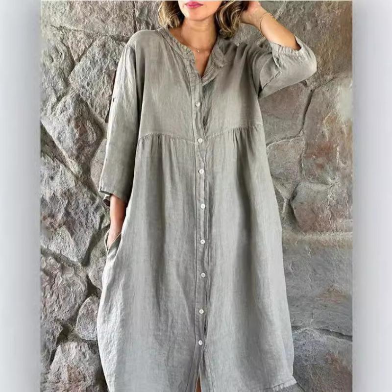 Loose Women Shirt Dress Fashion Large Size Three-quarter Sleeve Casual Party Dresses Buttons Spring Elegant Solid Linen-cotton Dresses