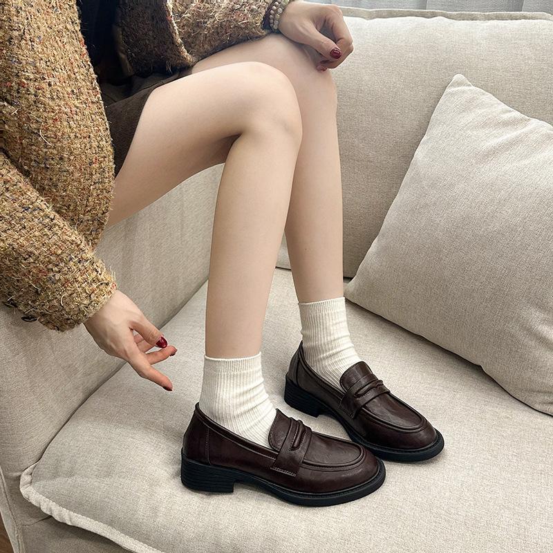 thick heel black British style small leather shoes women's shoes 2025 new spring and autumn one-pedal retro loafers single shoes