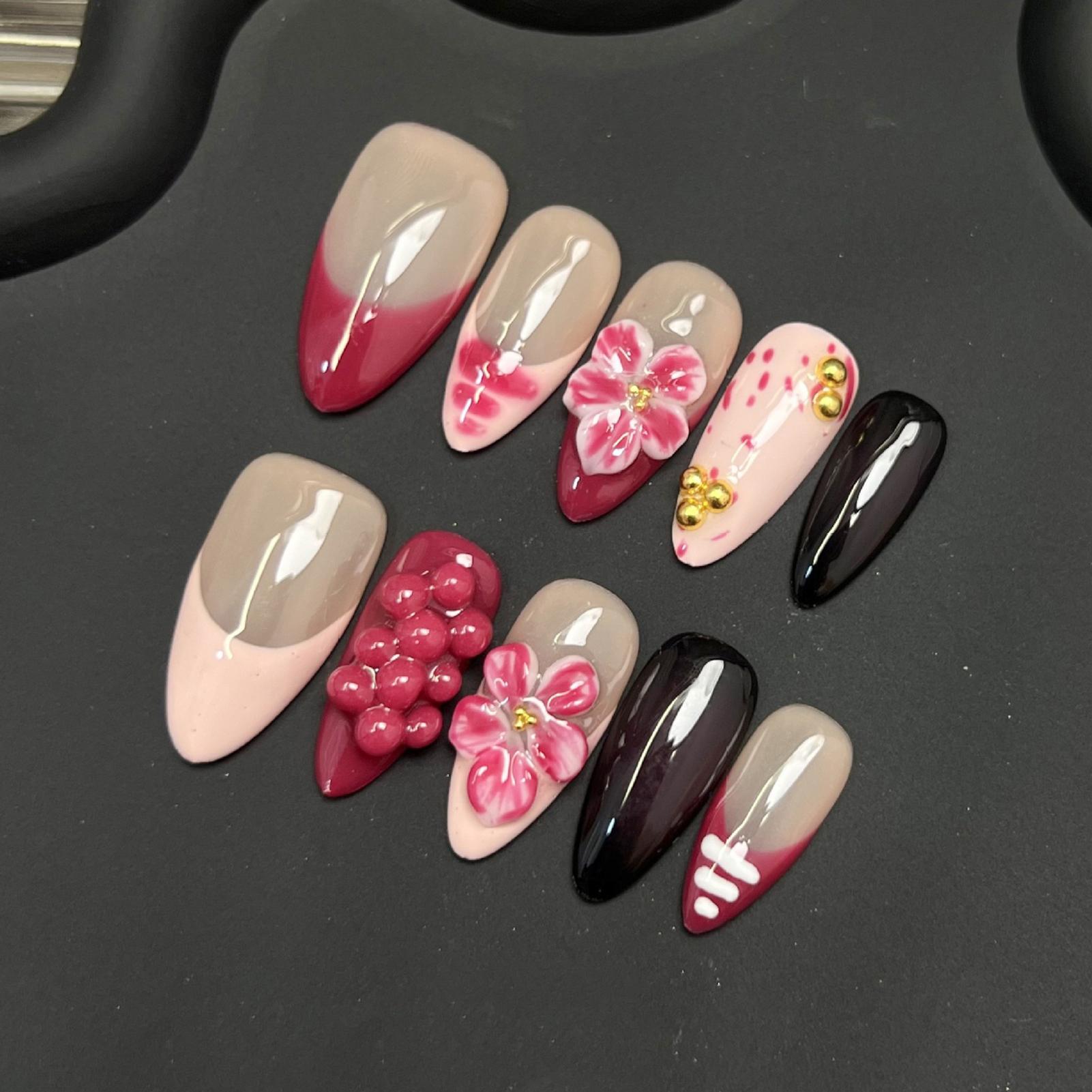 10PCS French Floral Fake Nails Retro 3D Lily Burgundy Fake Nails for Manicure Lovers and Beauty Bloggers S синий