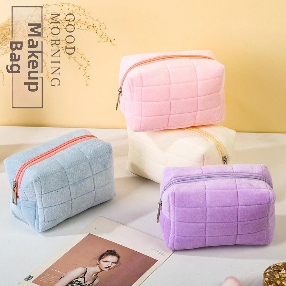 Minimalist Plaid Makeup Bag Zipper Closure Travel Toiletry Bag Cosmetic Bag Students