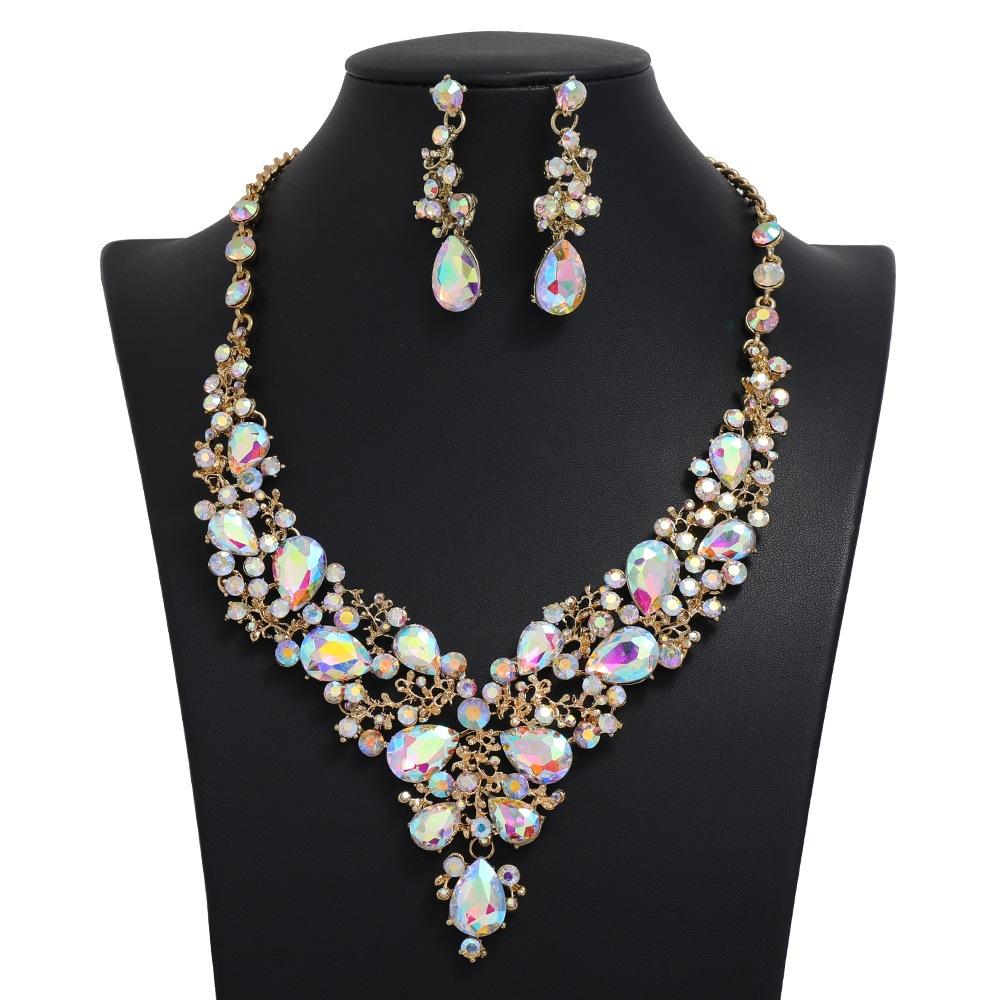 

Преувеличенный легкий роскошный сплав ожерелье серьги комплект, модный темперамент красочный полный бриллиант длинное ожерелье для женщин