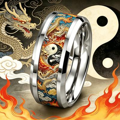 Fashion Men's Stainless Steel Ring With Yin Yang Tai Chi Dragon Pattern Inlay Rings for Men Women Wedding Party Jewelry Gifts