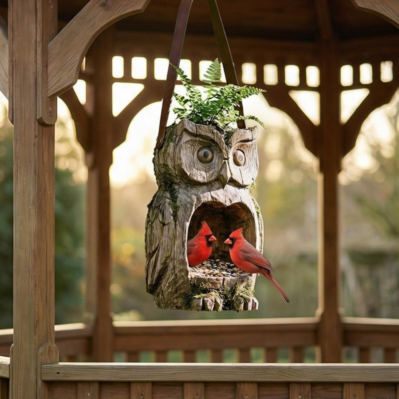 Resin Tree-Mounted Bird Feeder Owl Shaped Sparrow Feeding Station Weather-Resistant for Outdoor Garden Backyard Patio Yard Porch