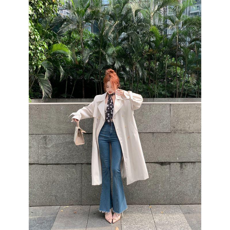 

Kumikumi British Style Temperament Creamy-white Trench coat Outerwear Women clothes Autumn Double Breasted Loose Mid-Length Coat Beige L
