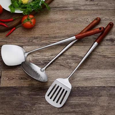 304 Stainless Steel Stir-Fry and Soup Ladle Set with Extended Wooden Handle