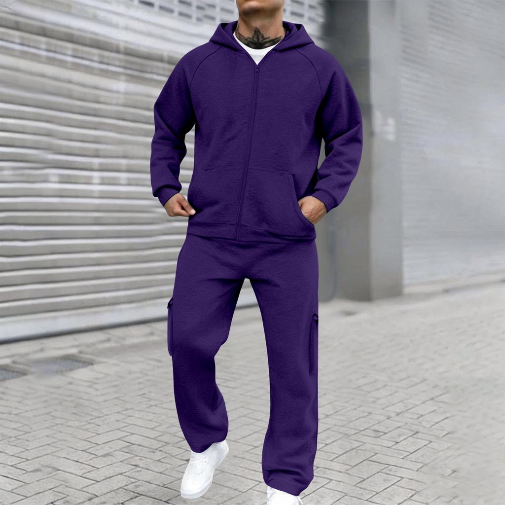 Men's Casual Two Piece Outdoor Set - Pullover Sweatshirt with Elastic Waist Cargo Pants