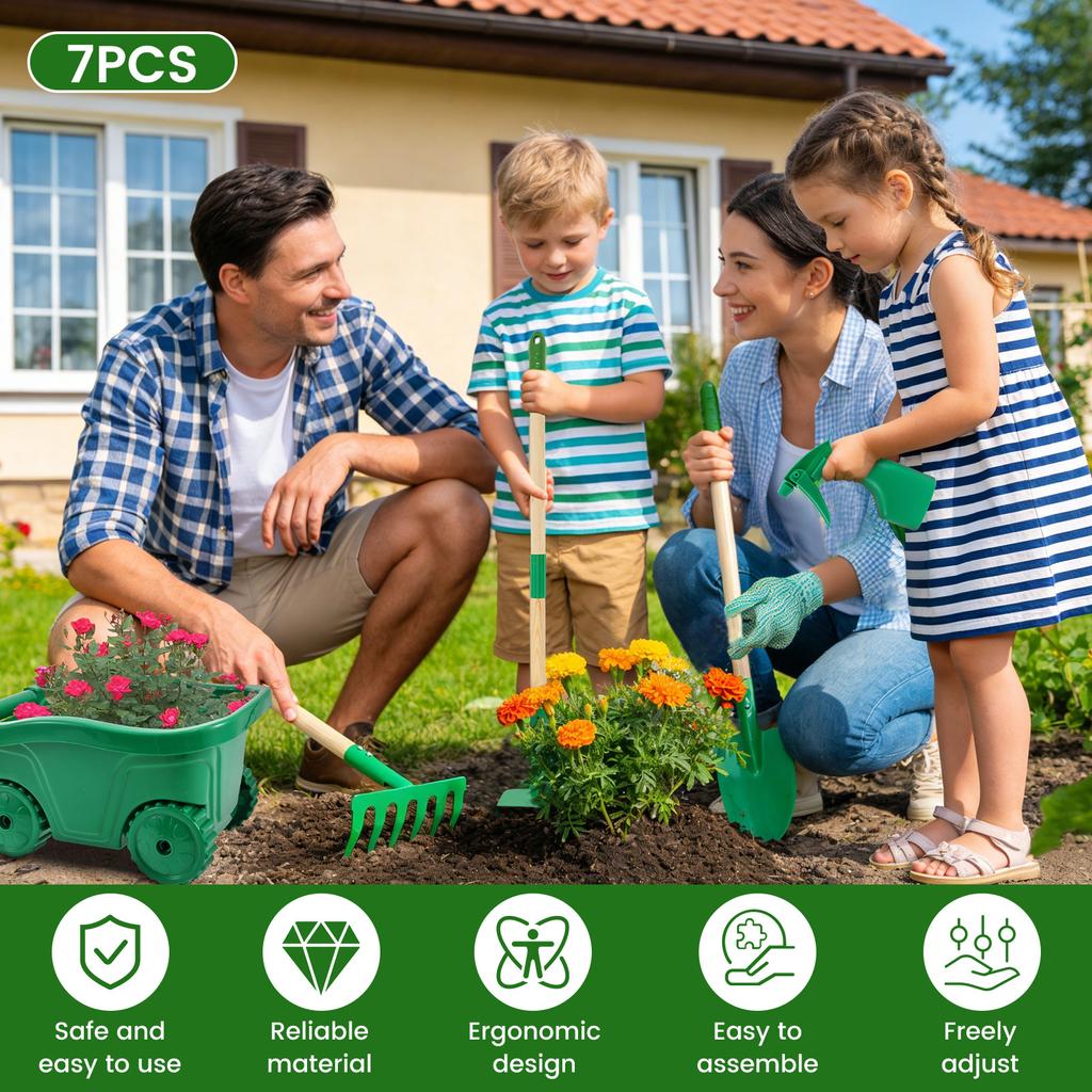 Set di 6/7 Pezzi Attrezzi da Giardinaggio per Bambini Attrezzi da Giardinaggio e Piantagione in Metallo Antiruggine con Manico in Legno Giocattolo Educativo per Bambini Piccoli per Giardino Esterno