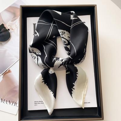 Foulard Carré en Soie Imprimé Noir Blanc de Luxe Bandeau Doux en Satin pour Cheveux Foulard Hijab de Bureau Bandeau pour Cheveux Foulard Rubans Sac Cadeau