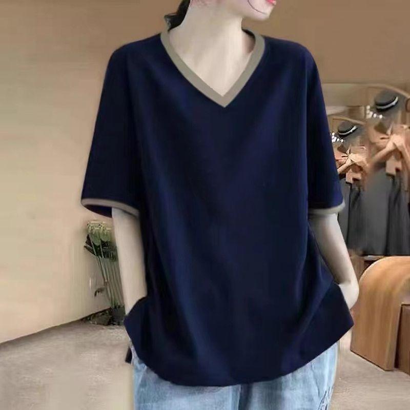 Export Big Sale Export Pure Cotton Fashion Raglan Short Sleeve T-Shirt Loose Female Summer Slim Looking Temperament Leisure Tops Blue (Solid Color) M (Recommended Within 57.5kg