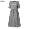 ZANZEA Women Casual Round Neck Grid Print Loose Short Sleeve Dres