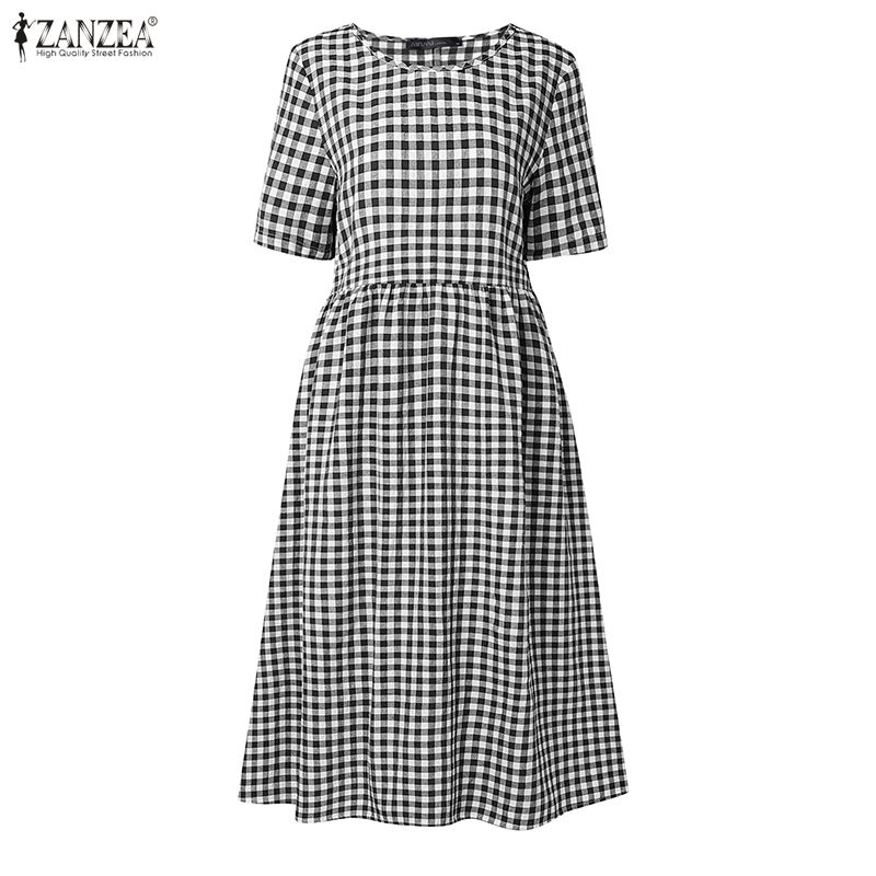 ZANZEA Women Casual Round Neck Grid Print Loose Short Sleeve Dres