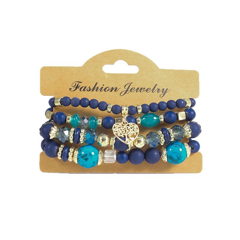 Bohemian Ethnic 4-Piece Bracelet Set: Multi-Layer Stackable with Peach Heart Tree Pendant & Acrylic Beads.