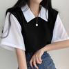 Lapel Short Sleeve Loose Fit Women Blouse Preppy Style Fake Two Pieces Tee Top Streetwear