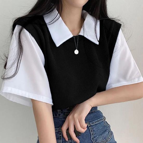 Lapel Short Sleeve Loose Fit Women Blouse Preppy Style Fake Two Pieces Tee Top Streetwear
