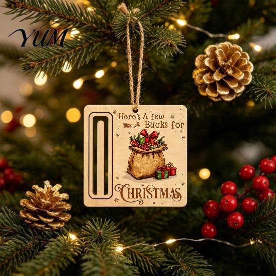 Elk Pattern Xmas Tree Pendants Rustic Santa Reindeer Money Holder Ornament, Wooden Cash Gift Card Creative Ornaments Clip with Slot, Christmas Hanging
