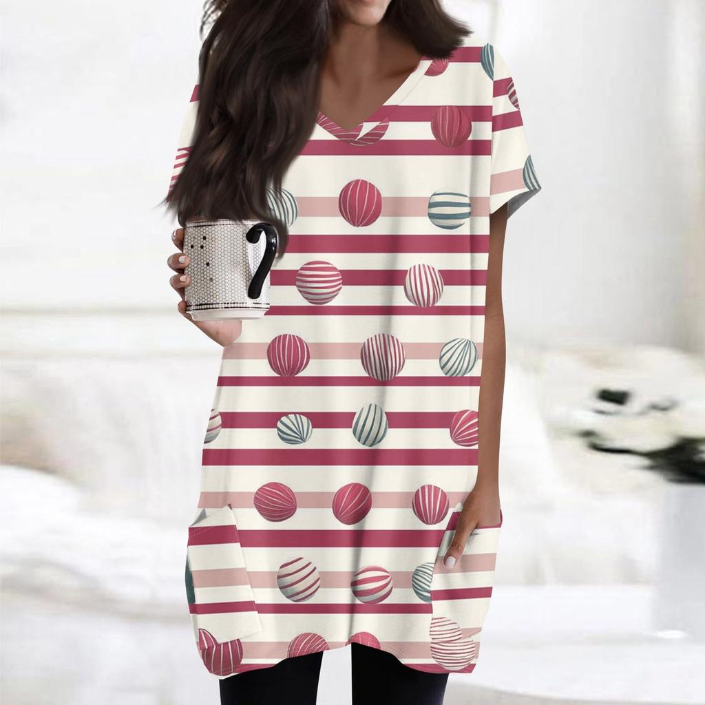 Womens Tops V-neck Short Sleeve Blouses Casual Mid-length Shirts Fashion Print Tunic Tops With Pockets
