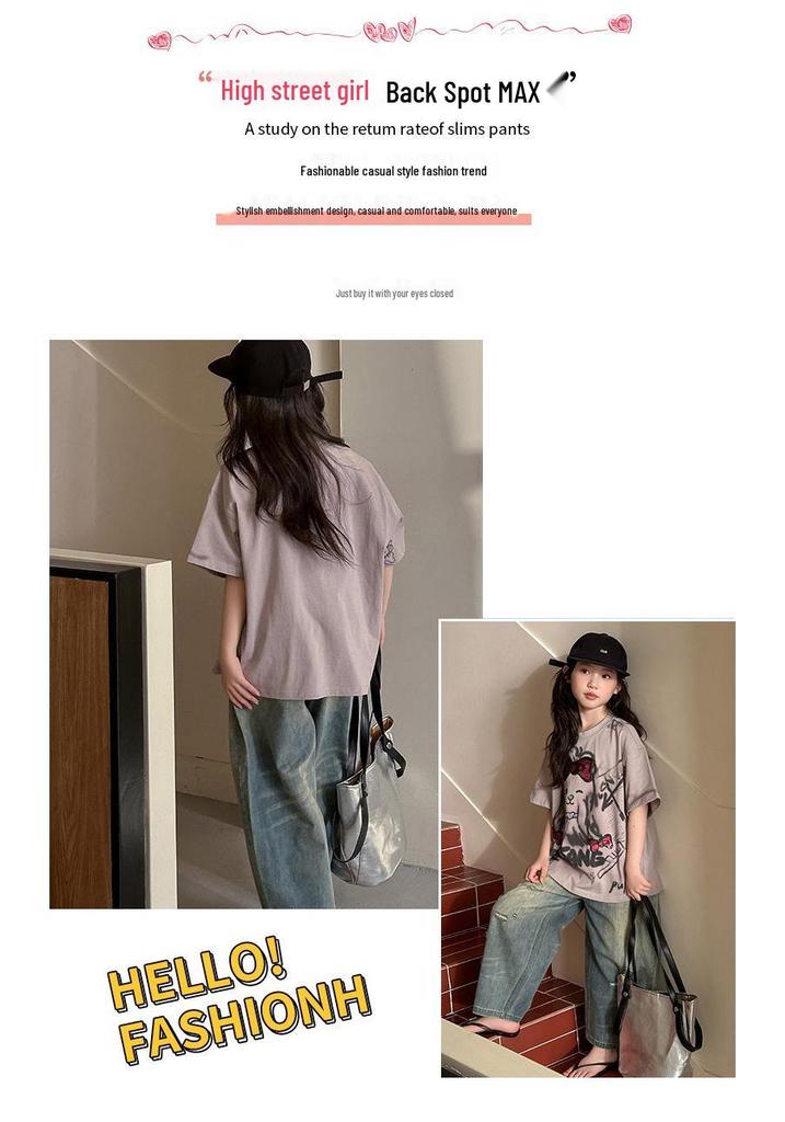 Coole Cartoon-Sommergarnitur für Kinder: Kurzarm-T-Shirt & Ripped Jeans Zweiteiler.
