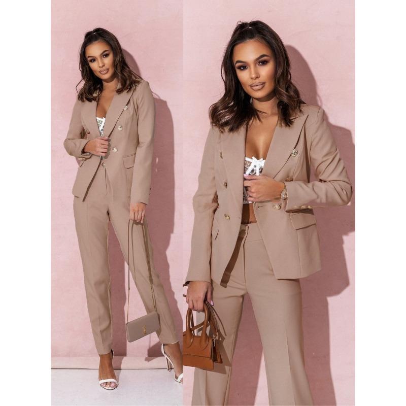 Ladies Solid Color Lapel Professional Suit Temperament Elegant Double-breasted Suits Women's Two-piece Set