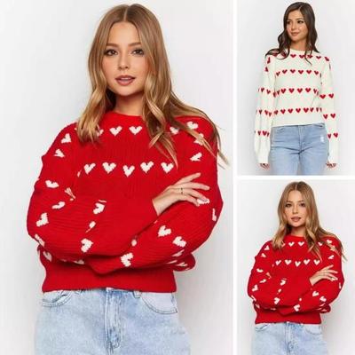 Damski sweter z okrągłym dekoltem, długim rękawem, wzorem serca, dzianinowy top, luźny krój, prążkowany