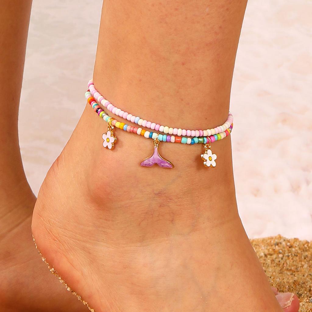 Bohemian Beach Anklet Set, Multi-Layer Beaded & Shell Charm Ankle Bracelets with Starfish, Turtle, Tassel Details