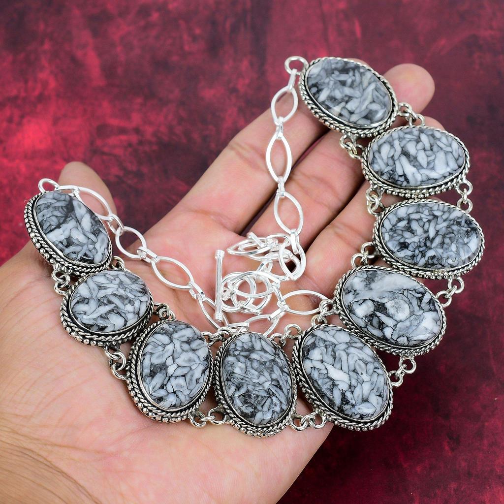 Pinolith Edelstein Üppiges Armband & Halskette, 925 Sterlingsilber Schmuckset, Verstellbares Schmuckset Handgefertigter Silberschmuck Geschenk für Freund