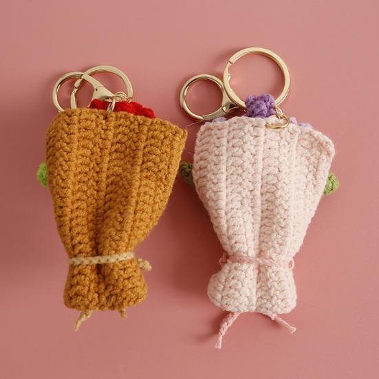 Keychain Pendant Hand Crocheted Flower Key Chain Colorful Yarn Roses Sunflower Charm Key Holder Bag Car Key Accessory