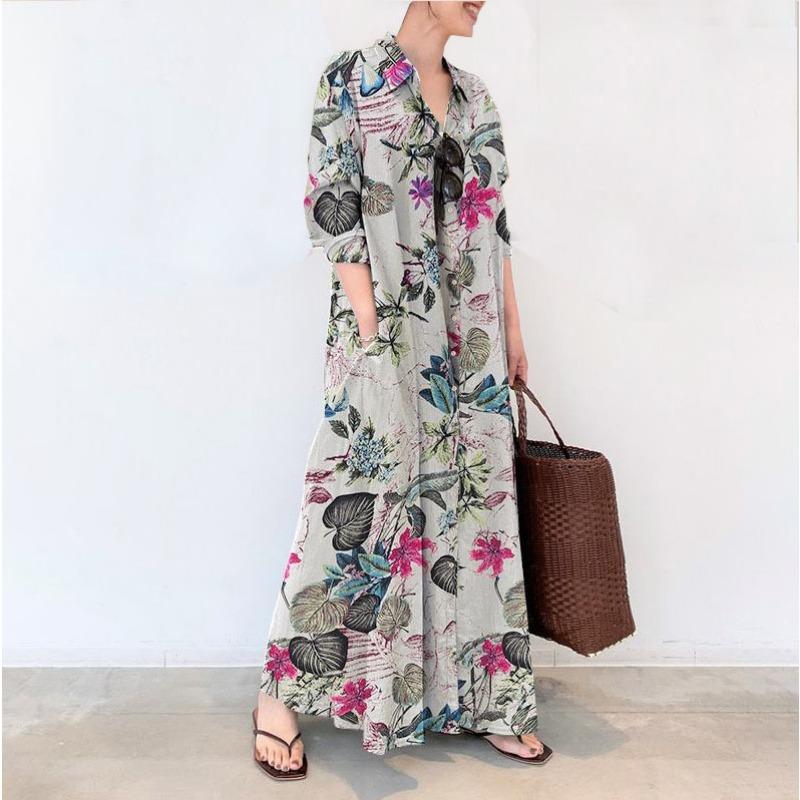 Frühling Herbst Damen Übergröße Baumwolle Leinen Bedrucktes Revers Langarm Tasche Kleid Schlicht Locker Lässig Langes Hemdkleid