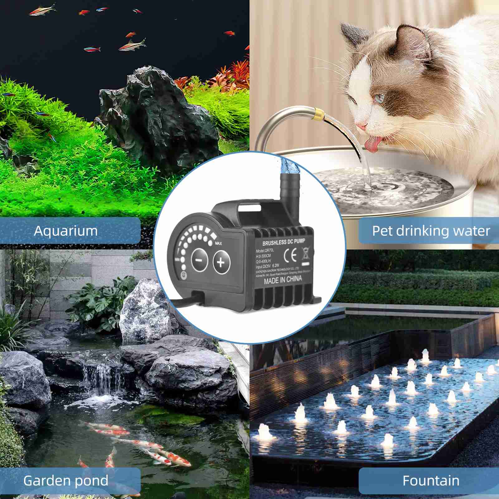 

Submersible 5V Water Pump 8 Levels Adjustable 0 600L H Small Fountain Pump with 0 7.2ft Lift, 6.5ft USB Charging and QR70L