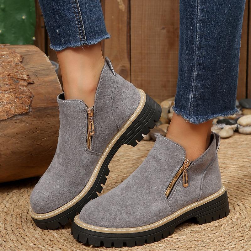 Plus-size Shoes, Double Zipper Thick-soled Boots, Women's Short Boots with Round Heads, Thick Heels and Bare Boots