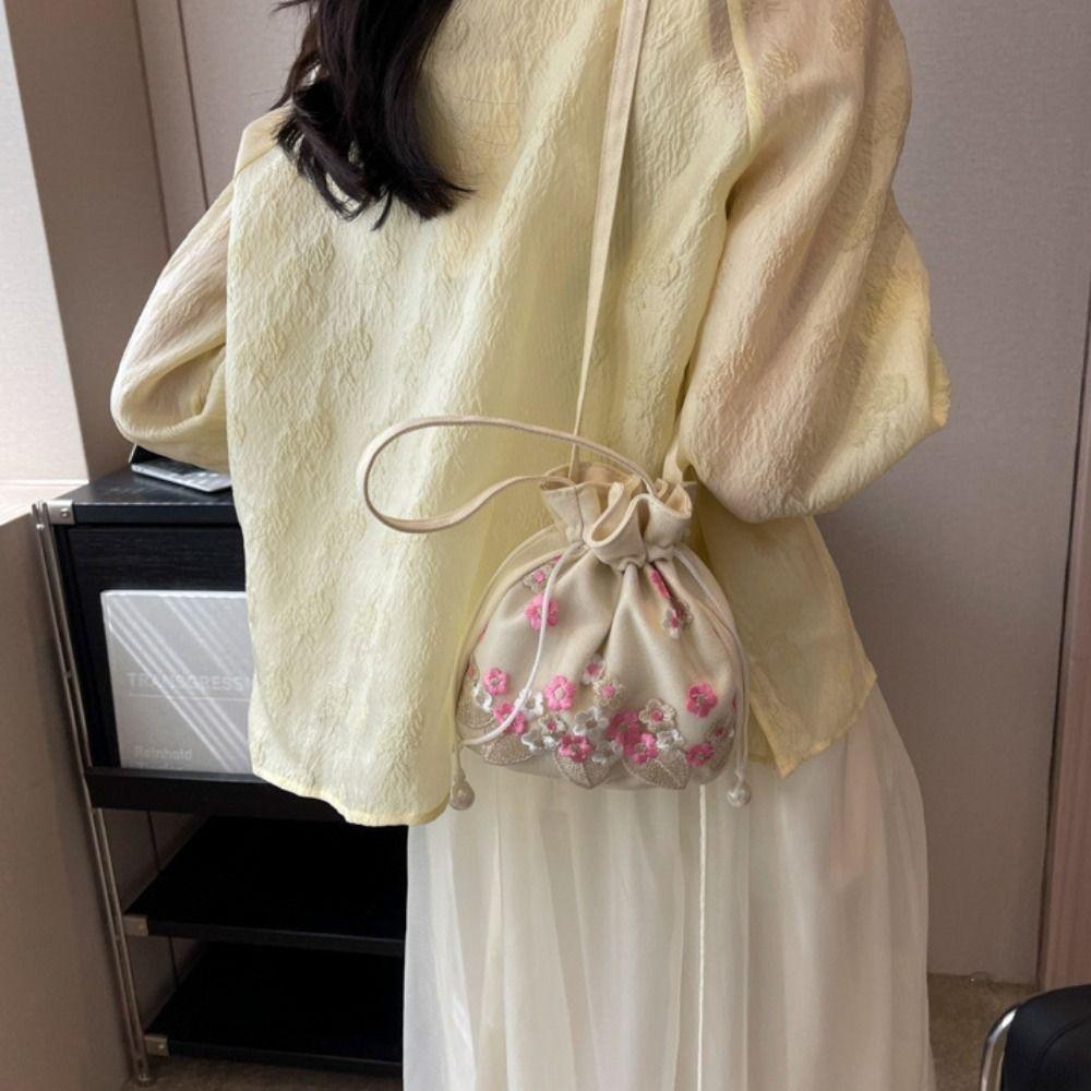 Chinese Embroidery Flower Handbag Shoulder Bag Floral Bucket Bag Hanfu Drawstring Bag  Shopping