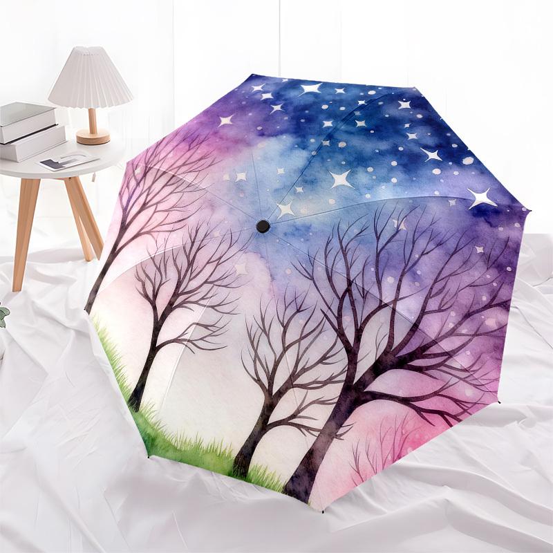 1pc night sky trees Automatic Folding Umbrella, Heavy Duty 8 Rib Iron Frame,  Suitable for Travel, Daily Use, Birthday, Decor Gift  04