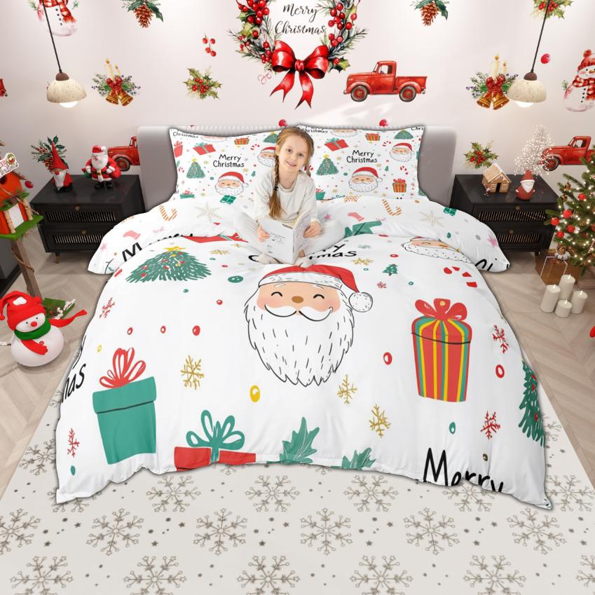 Homewish Cartoon Santa Claus Duvet Cover Set for Boys Girls, Christmas Tree Bedding Set, Snowflakes Snowman Bed Set