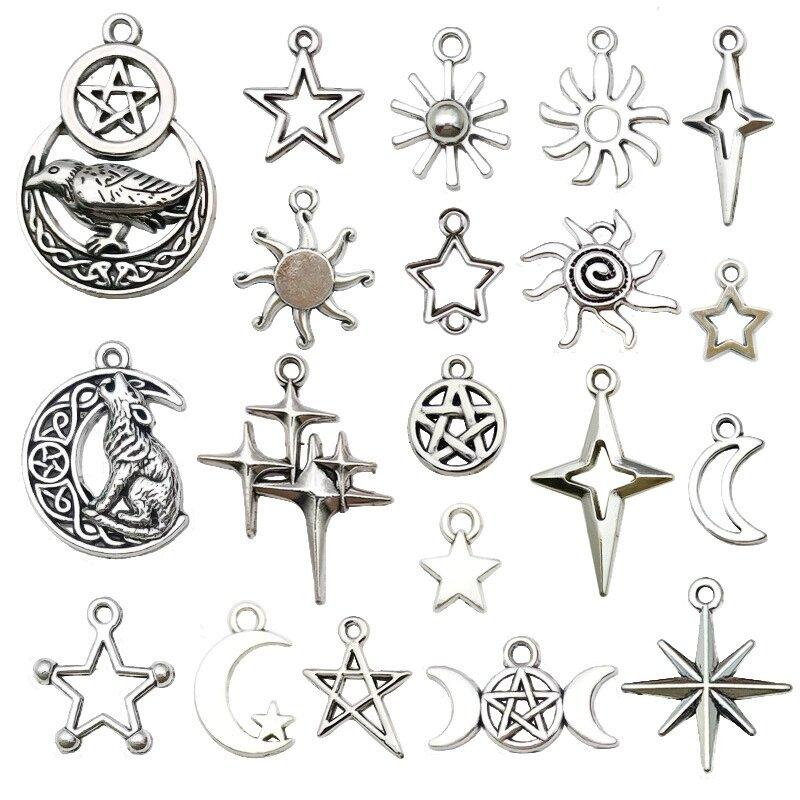 20pcs/Lot Mix Antique Silver Color Sun Moon Star Pendant Charms For Jewelry Making Supplies Witch Wicca Accessories DIY Bracelet