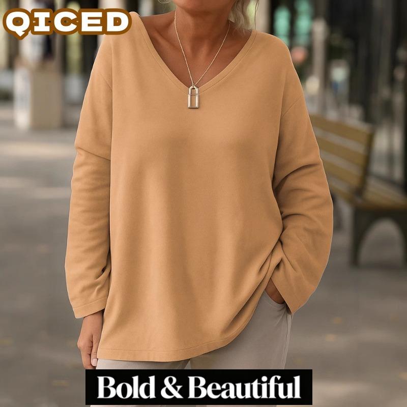 QICED Women's Fashion Casual Solid Color Print Long Sleeve V Neck Blouses & Shirts