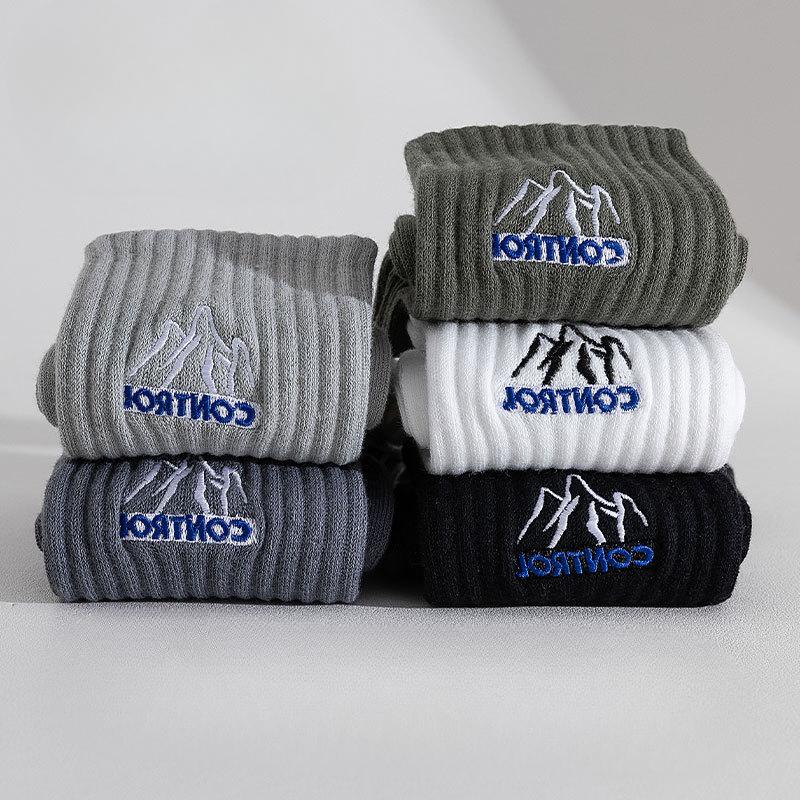 Men's Mid-calf Socks for Autumn and Winter, Solid-colored Cotton Socks, Snow Mountain Embroidery, Versatile and Trendy Socks for Spring and Summer