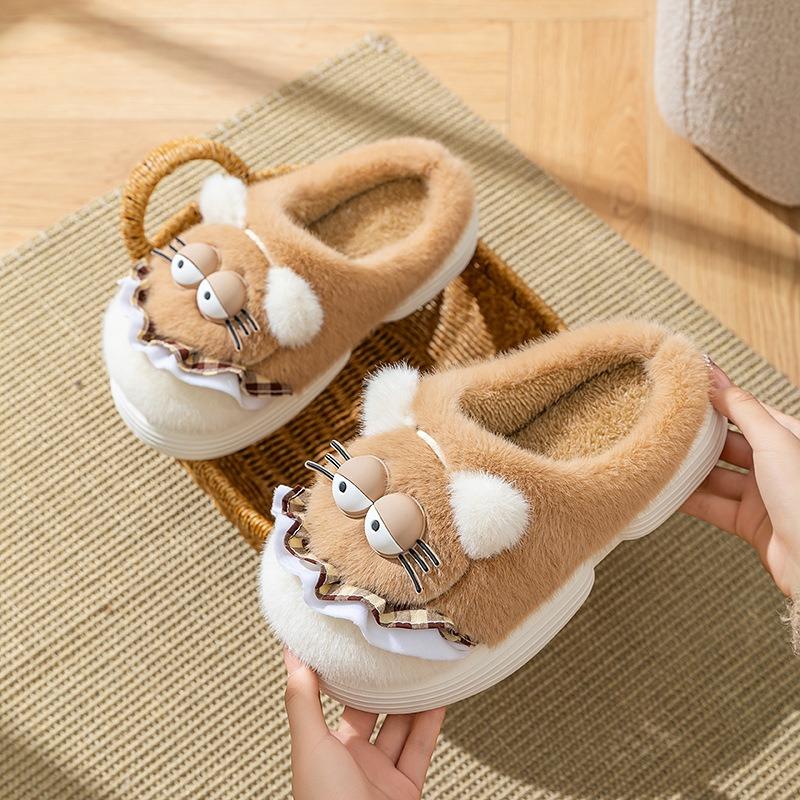 Cute cartoon cotton slippers women's autumn and winter indoor home non-slip warm plush thickened plush kitten cotton mop