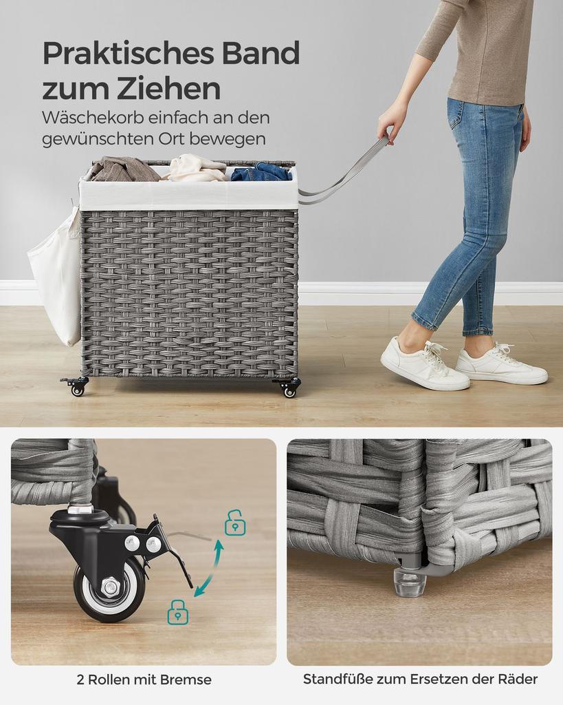 SONGMICS Laundry Basket, Handwoven Laundry Hamper, 140L Rattan-Style Washing Basket with 3 Compartments, Removable Liner, Handles, Lid, Living Room