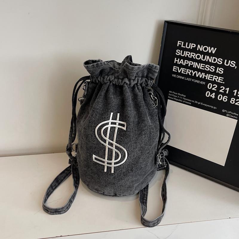 Embroidered Drawstring Bucket Bag Women's Denim Multi-Purpose Shoulder Bag