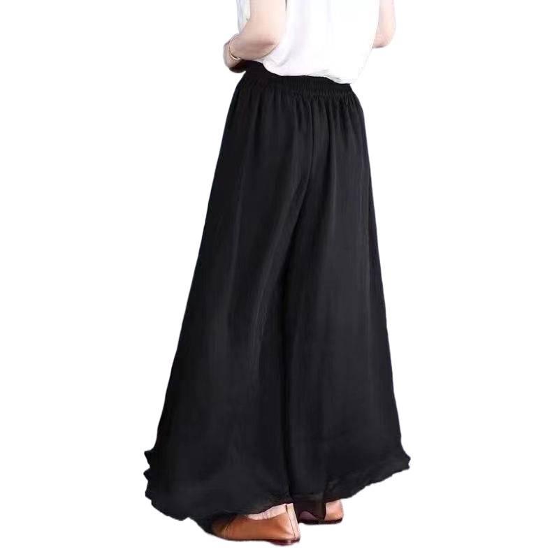 Women's Wide-Leg Chiffon Pants: Flowy, Elastic Waist, Long Cropped Skirt-Pants