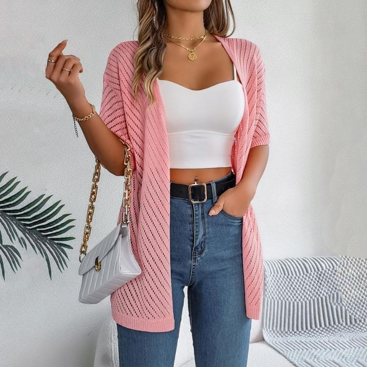 Women's Elegant V Neck Loose Knitted Cardigan Solid Check Sweater Tops for Spring Summer Fashion