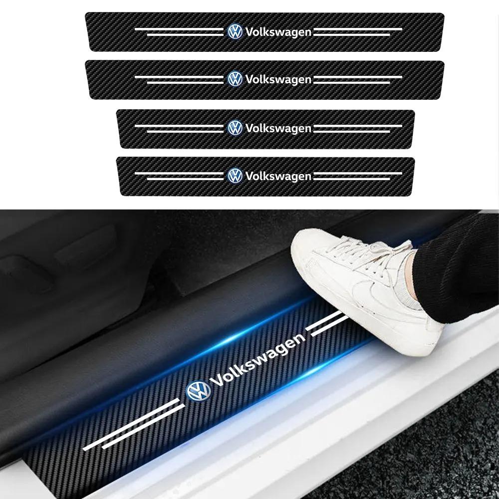 T244Pcs Leather Carbon Fiber Car Door Sill Protector Strip Stickers for Volkswagen VW GTI R Line R32 Touareg MK7 Passat Polo Jetta