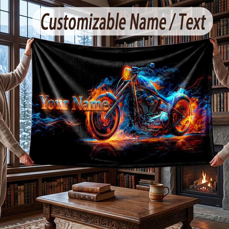Motorcycle Theme Throw Blanket Custom Name Text Personalized Blanket Soft Cozy Blanket for Home Sofa Bed