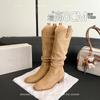 Cowhide version retro suede V-mouth thick heel medium boots women's 2025 new western soft leather thin wide tube stacking boots