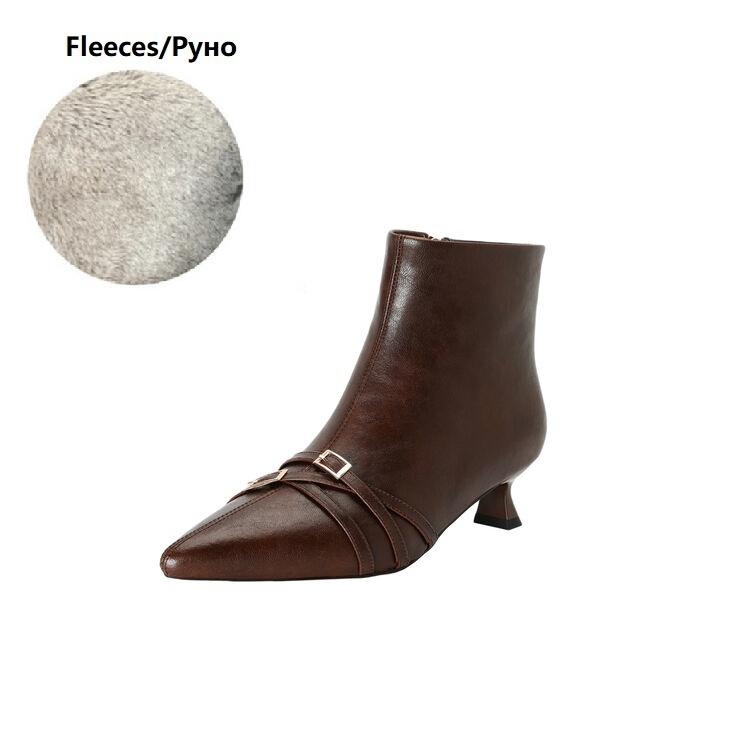 Fashion NEW Autumn/Winter Women Boots Pointed Toe Kitten Heel Shoes Split Leather Shoes Women Zip Ankle Boots Belt Buckle Modern Boots