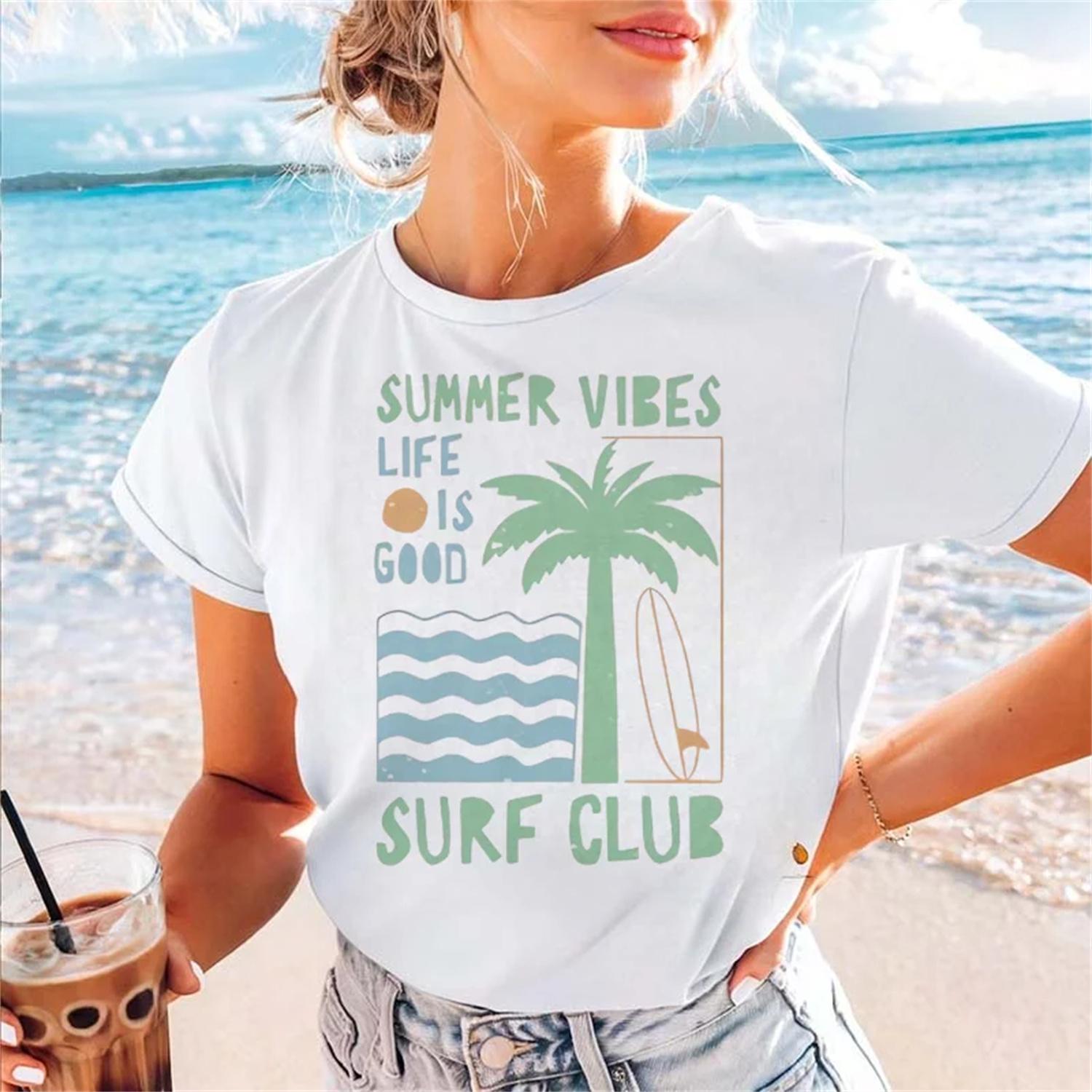 Summer Surf Club Pattern Casual T-Shirt Summer Round Neck Short Sleeved Basic Cartoon Women s Top Regular Beach Vacation T-Shirt S