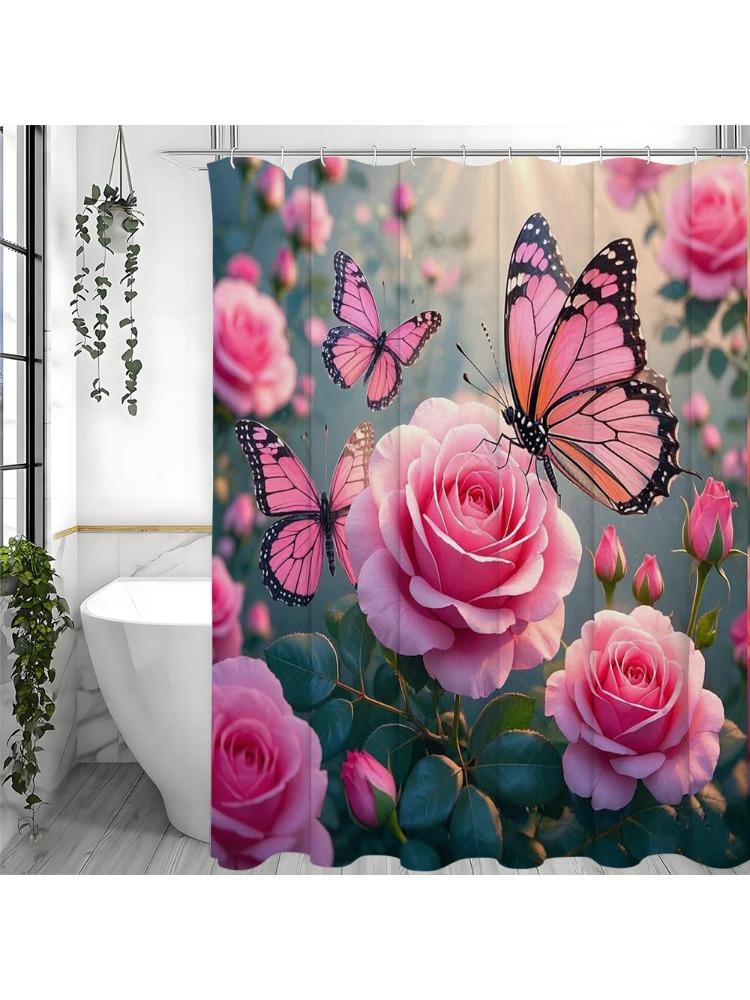 Różowa Zasłona Prysznicowa z Motylem, Dekoracyjna Zasłona Prysznicowa do Łazienki, Wodoodporna Zasłona Prysznicowa z Haczykami