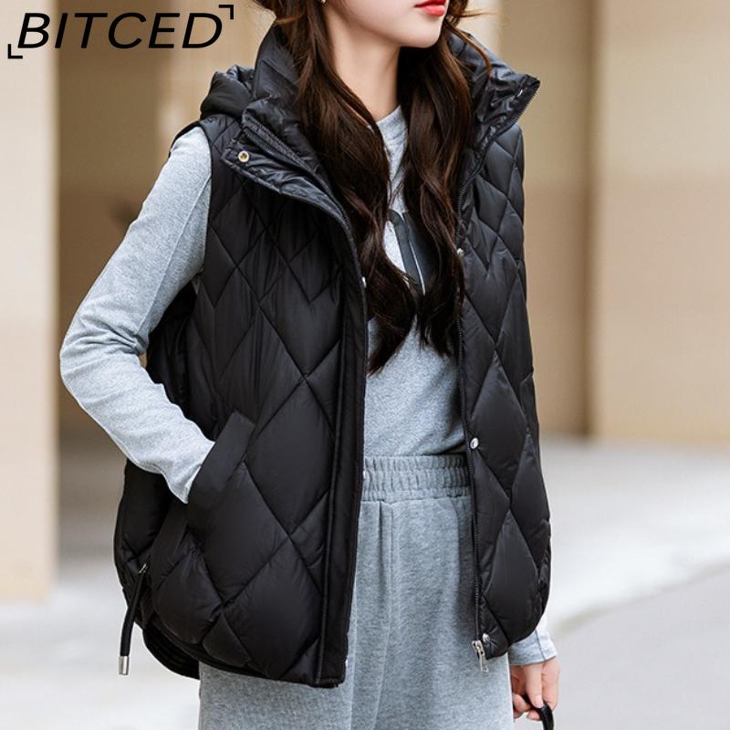 

BITCED Women s Autumn/Winter Quilted Down Vest - Elegant Hooded Cotton Jacket, Short-Sleeved Waistcoat, Diamond-Quilted Vest XL чёрный